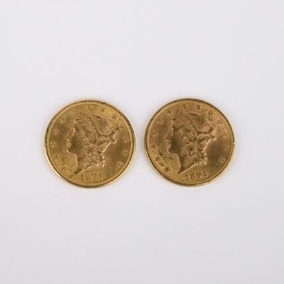 2 US $20 gold coins from 1891 and 1894