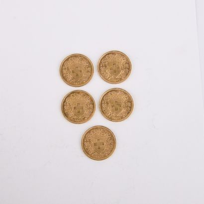 5 gold Swiss 20 franc coins from 1947