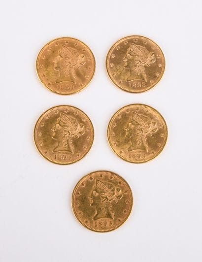 5 US $10 gold coins from 1893