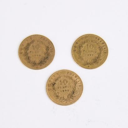 3 pieces of 10 French Francs in gold Napoléon...