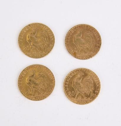 4 French 20 franc gold coins with rooster...