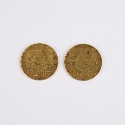 2 French 20 franc gold Ceres coins of 1850A...