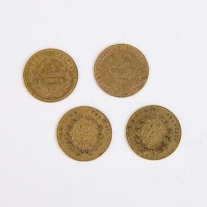 4 Napoleon III 10 Franc gold coins with bare...