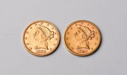 2 US $5 gold coins from 1880