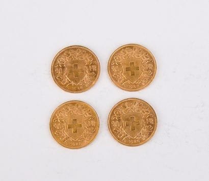 4 gold Swiss 20 franc coins of 1935