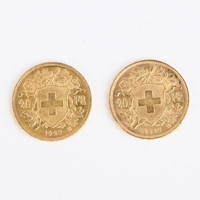 2 gold Swiss 20 franc coins from 1927 and...