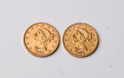 2 US $5 gold coins from 1880