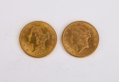 2 US $20 gold coins from 1907