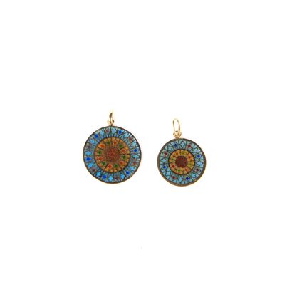 Set of two enamelled pendants depicting stained-glass...