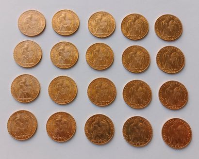 20 French gold Marianne 20 franc coins of...