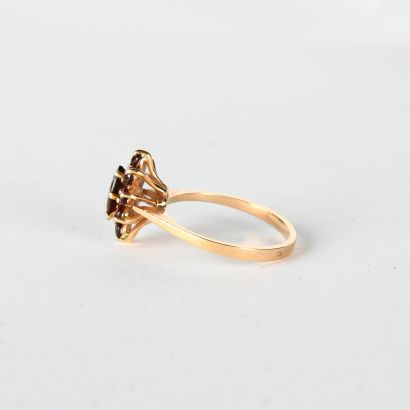 Yellow gold marguerite ring set with 11 garnets,...