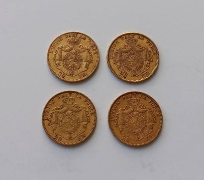 4 Belgian 20 franc gold Leopold II coins...