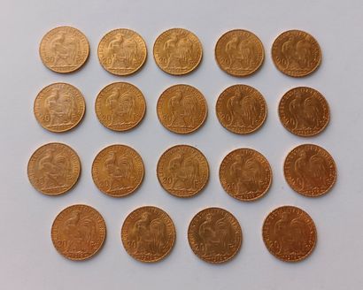 19 French 20 franc gold Marianne coins 1908...