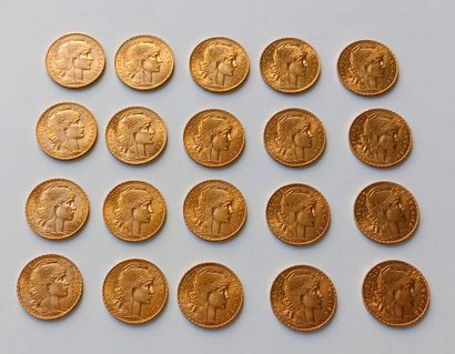 20 French gold Marianne 20 franc coins of...