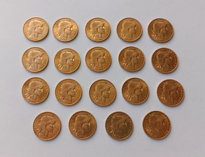 19 French 20 franc gold Marianne coins 1908...