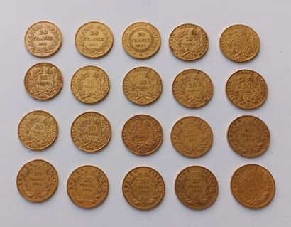20 French 20 franc gold coins, including...