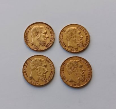 4 Belgian 20 franc gold Leopold II coins...