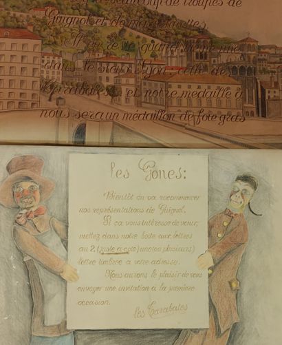 Réunion de deux dessins aux crayons de couleurs...