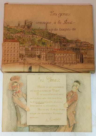 Réunion de deux dessins aux crayons de couleurs...