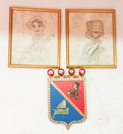 Réunion de deux dessins et un écusson sur...