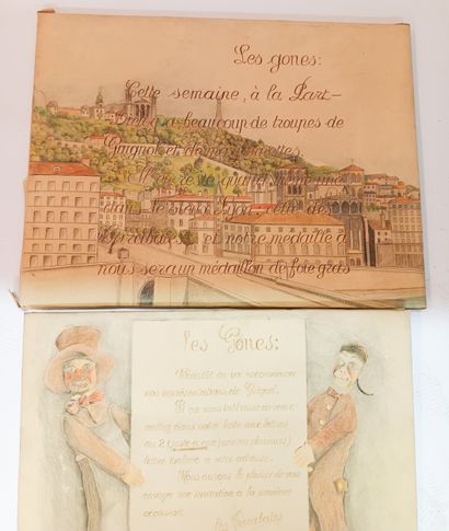 Réunion de deux dessins aux crayons de couleurs...