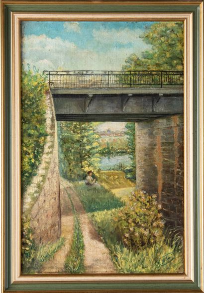 R. Mathieu (XXe siècle) 
Femme sous un viaduc
Huile...
