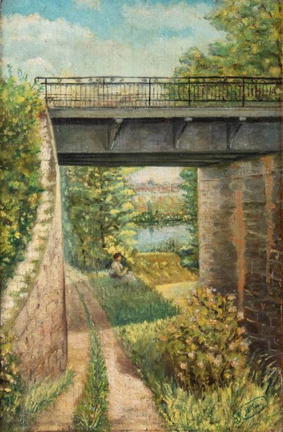 R. Mathieu (XXe siècle) 
Femme sous un viaduc
Huile...