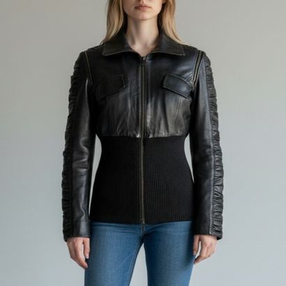 DOLCE GABBANA. Black leather perfecto, gathered...
