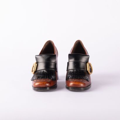 PRADA. Pair of brown and black leather square-heeled...