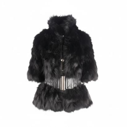 Short coat in black fur, short sleeves, funnel...