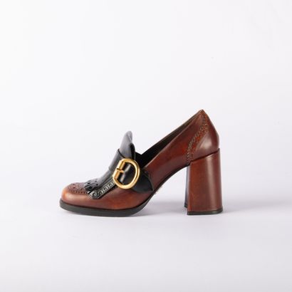 PRADA. Pair of brown and black leather square-heeled...