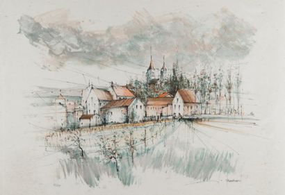 François D'IZARNY
Village à l'église. Lithographie...