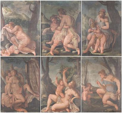 Suite de six huiles sur toile sur le thème...