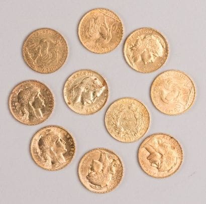10 Pièces 20 F or XIXème et XXème, vendu...