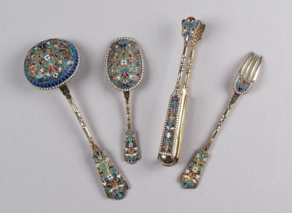 Service à confiserie en argent émaillé russe,...