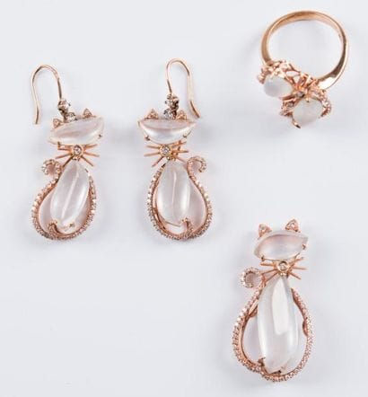Parure chats or rose diamants et pierres...