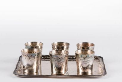 Service à liqueur: plateau argent et verres...