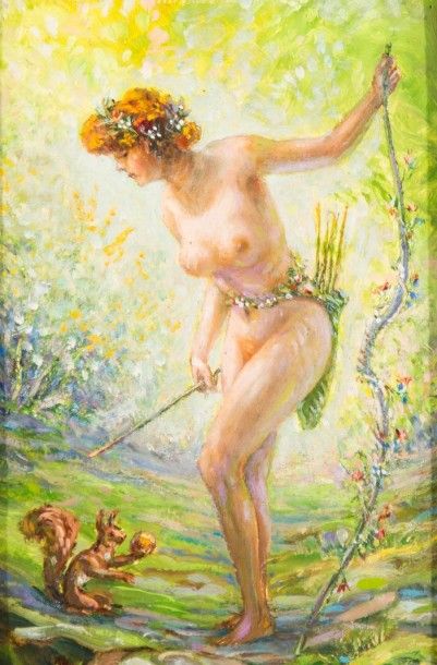 PENE
Nymphe et écureuil dans les bois. Huile...