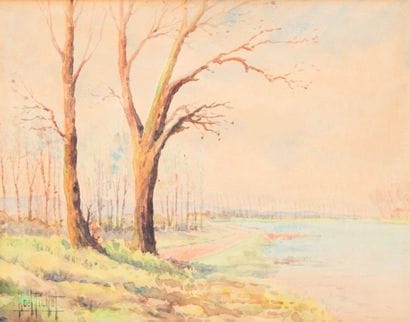Noël PICHOT (XIX)
Bord de Soane. Aquarelle...