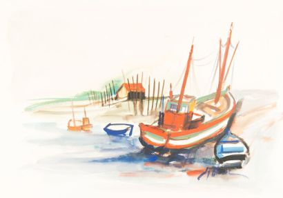 Jean Yves BLECON (XXe)
Bateaux bretons. Aquarelle...