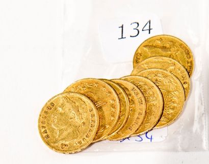 Lot de 8 pièces en or: 6 20 FF Louis XVIII,...