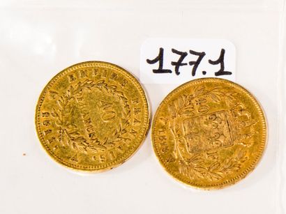 Lot de deux pièces en or: 40 FF Louis XVIII,...