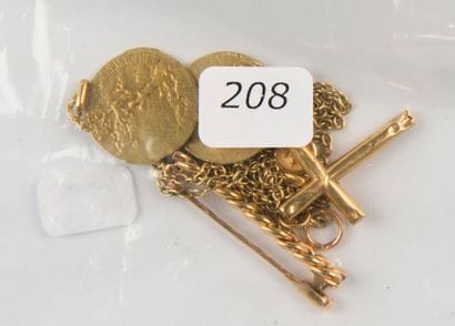 Lot or - 1 chaîne, 4 pendentifs, 1 broche,...
