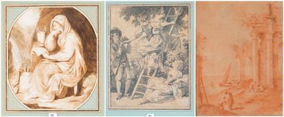 Lot de 3 dessins: École anglaise, entourage...