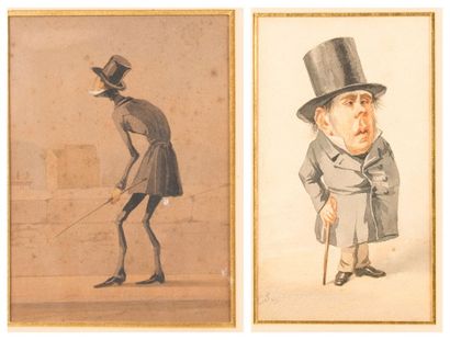 Lot de 2 caricatures, Deux hommes portant...