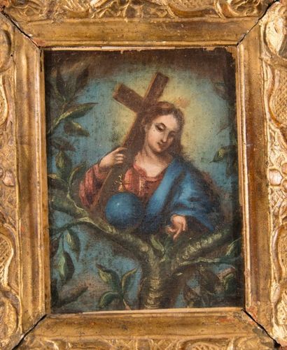 Vierge tenant la Croix, huile sur toile marouflée...