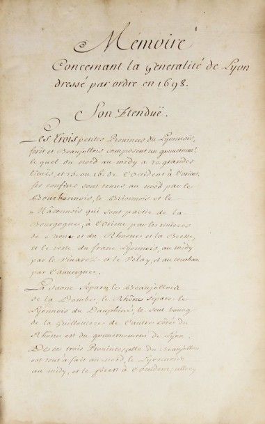 LYON - MANUSCRIT.
Mémoire concernant la généralité...