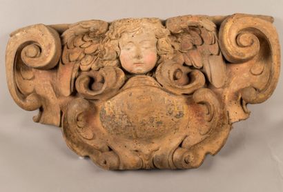 Cartouche - Elément de retable en bois polychrome...