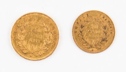 Deux pièces en or 20 FF Napoléon III de 1858...