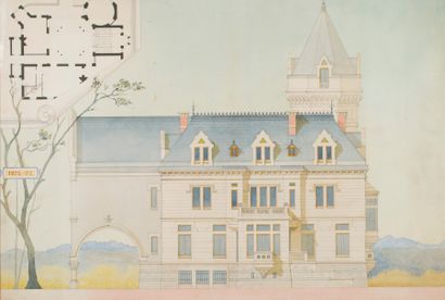 Façade d'un château de style néo Renaissance,
Aquarelle,...